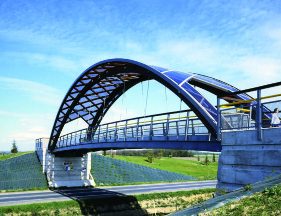 Longueur 36m poids 41T poutres metalliques et bow-string en bois Passerelle de type bow-string a Blagnac en 1999